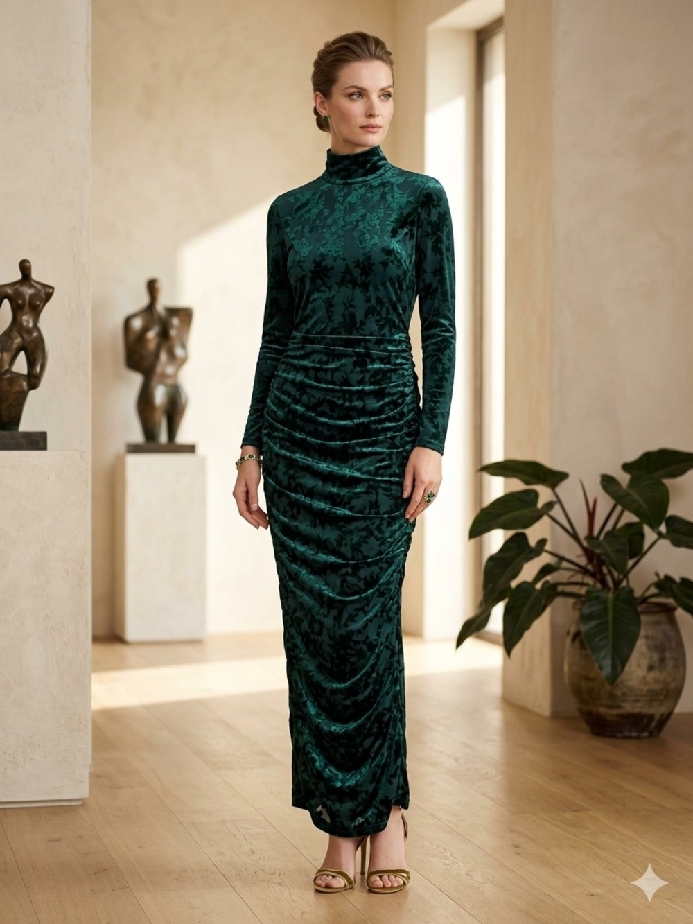 Belle Badgley Mischka Emerald Green Velvet High-Neck Ruched Maxi Dress Size 8